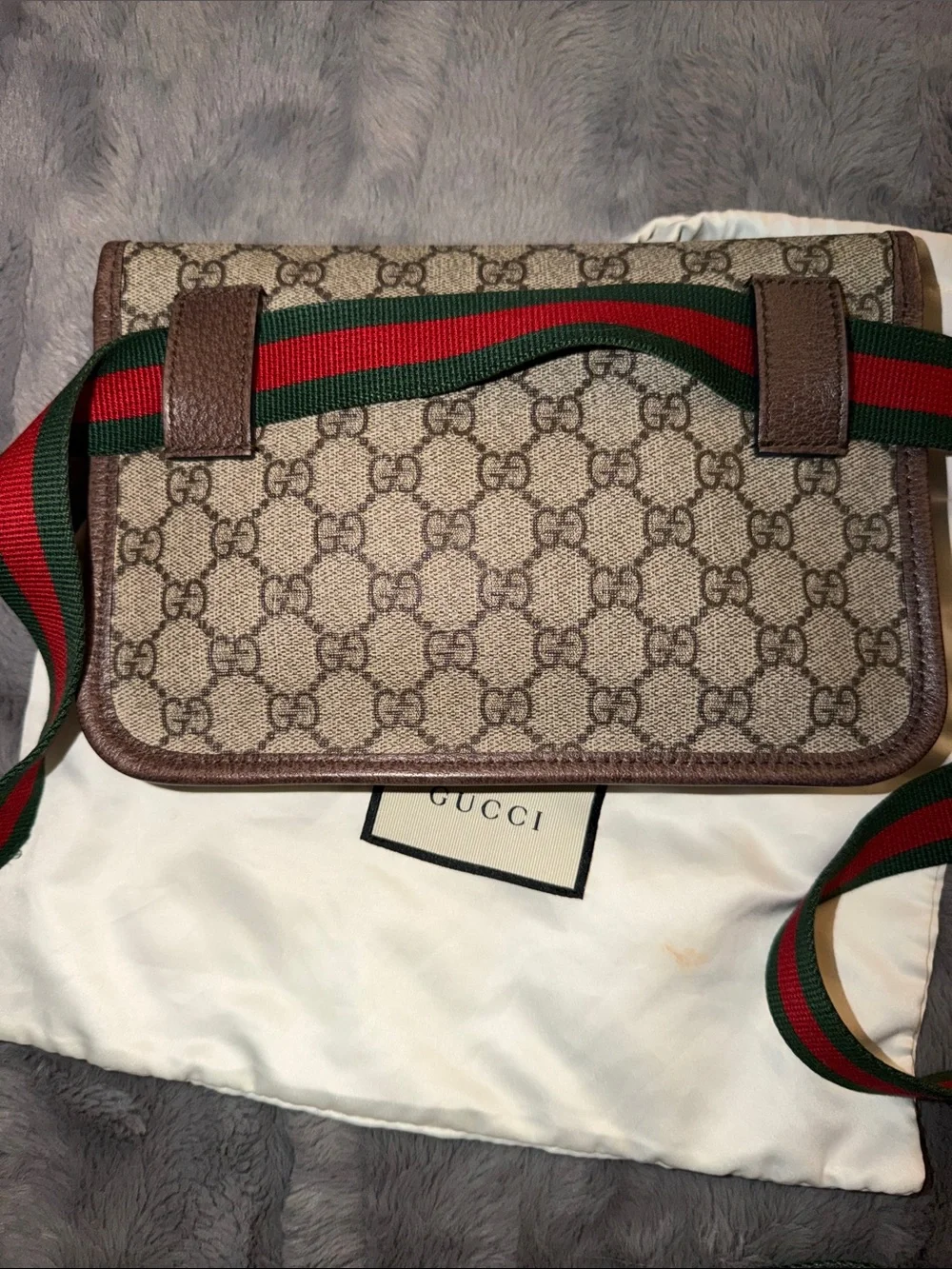 Preloved Gucci Brown GG Canvas Belt Bag with Green-Red Web Strap with Dust bag